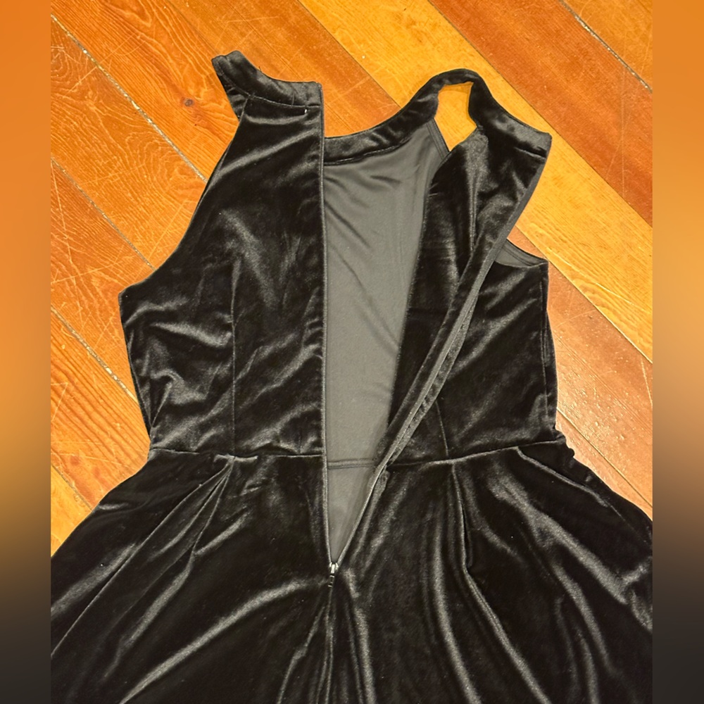 Black Velvet Halter fit and flare twirl skirt Dress by Copper Key with stretch - Picture 4 of 9